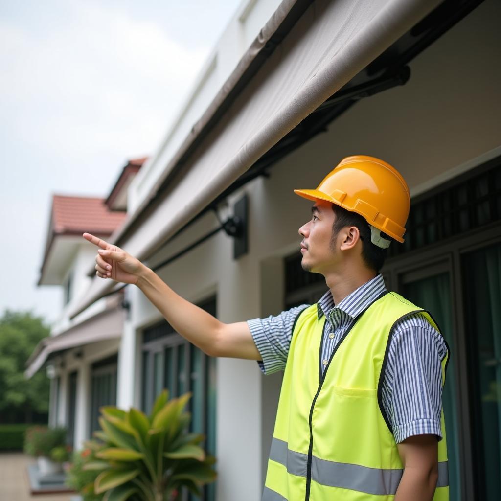 Người đàn ông đang kiểm tra chất lượng mái hiên di động tại một công trình ở Hải Phòng, thể hiện sự chuyên nghiệp của đội ngũ thi công.
